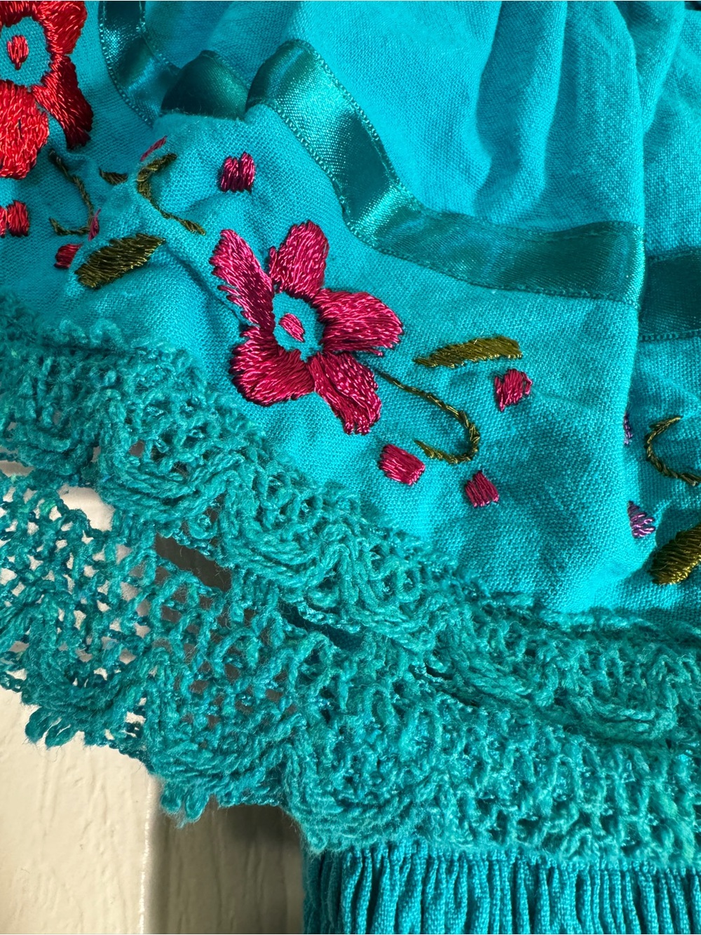 Girls Teal Off-Shoulder Embroidered Casual Dress - Picture 4 of 5